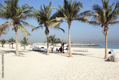 Recreation Park on the shores of the Persian Gulf in Dubai. Lawns, paths, trees and shrubs - all created by man on the bare sand. The beach is almost white.     © afefelov68