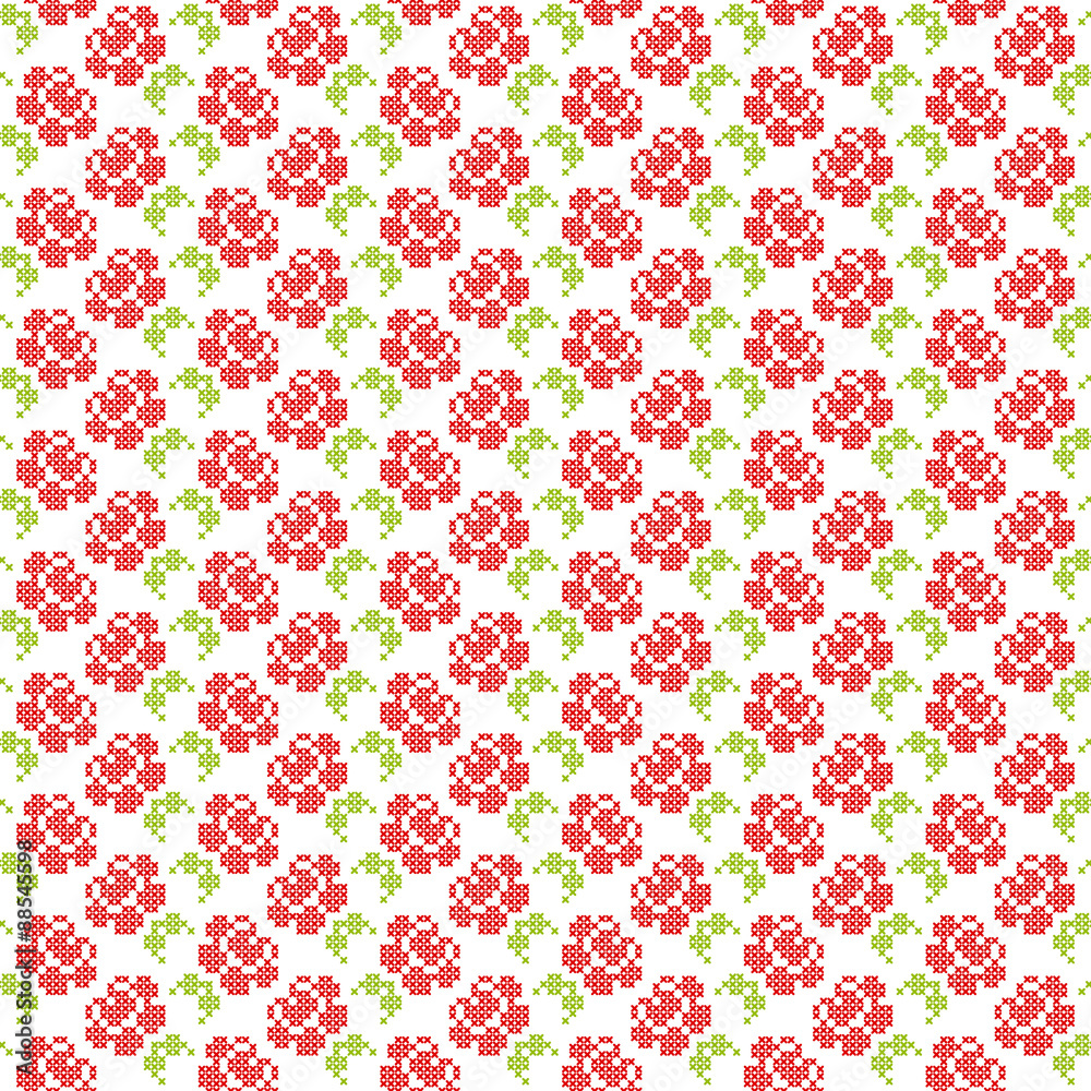 Retro Seamless Pattern Stitching Roses Red/Green Retro Seamless Pattern Stitching Roses Red/Green