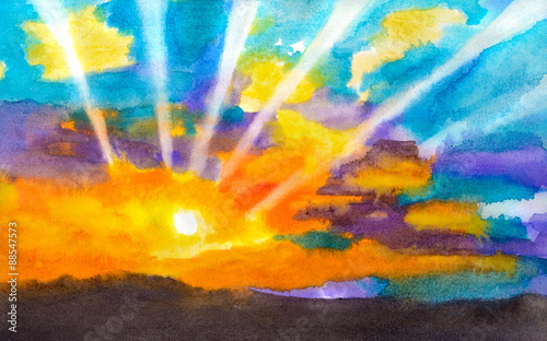 Rays of the sun in the clouds. Watercolor, illustration