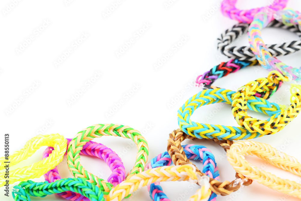 Colorful rubber band bracelets on white background Colorful rubber band bracelets on white background
