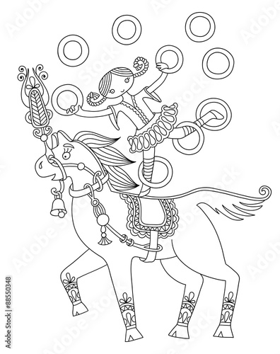 black and white line art illustration of circus theme - girl jug