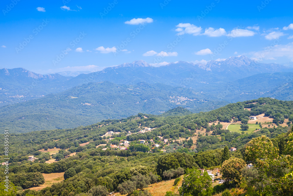 Landscape with villages and mountains. Corsica