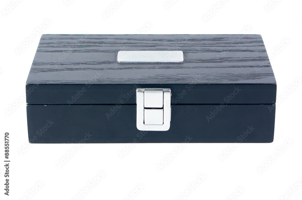 Just a black old wooden box with metal clips