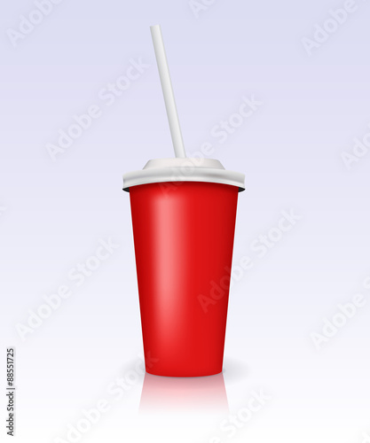 Red disposable paper cup with drinking straw