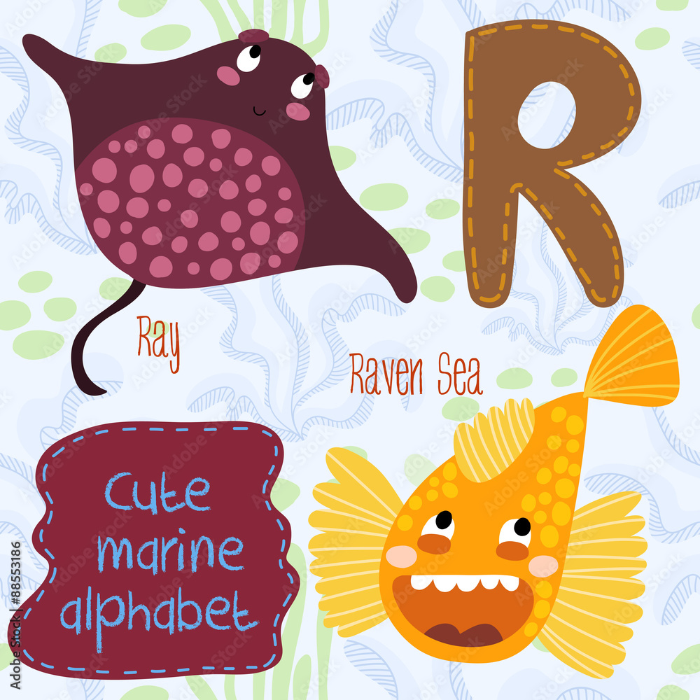 Sea very cute Alphabet.marine set in vector.R letter.Ray,raven Stock ...