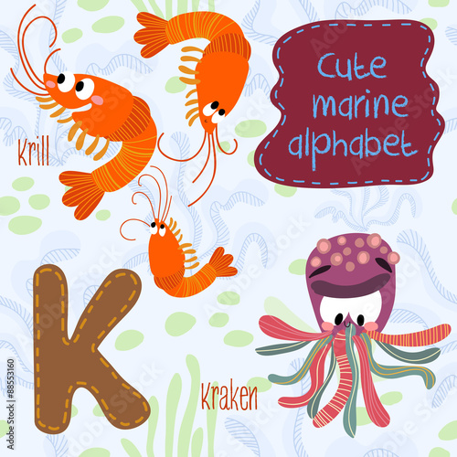 Sea very cute  Alphabet.marine set in vector.K letter.Krill,Krak