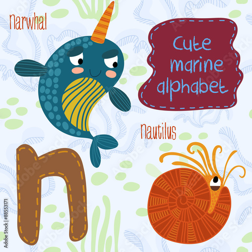 Sea very cute  Alphabet.marine set in vector.N letter.Narwhal,Na