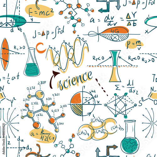 Back to School: science lab objects doodle vintage style sketches seamless pattern, vector illustration.
