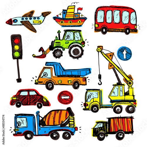 baby cars set. funny baby toys. vector doodle collection photo