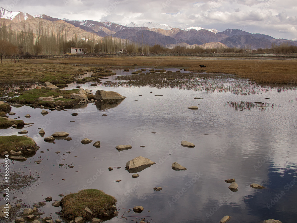 Small lake with mountains background in Ladakh, India