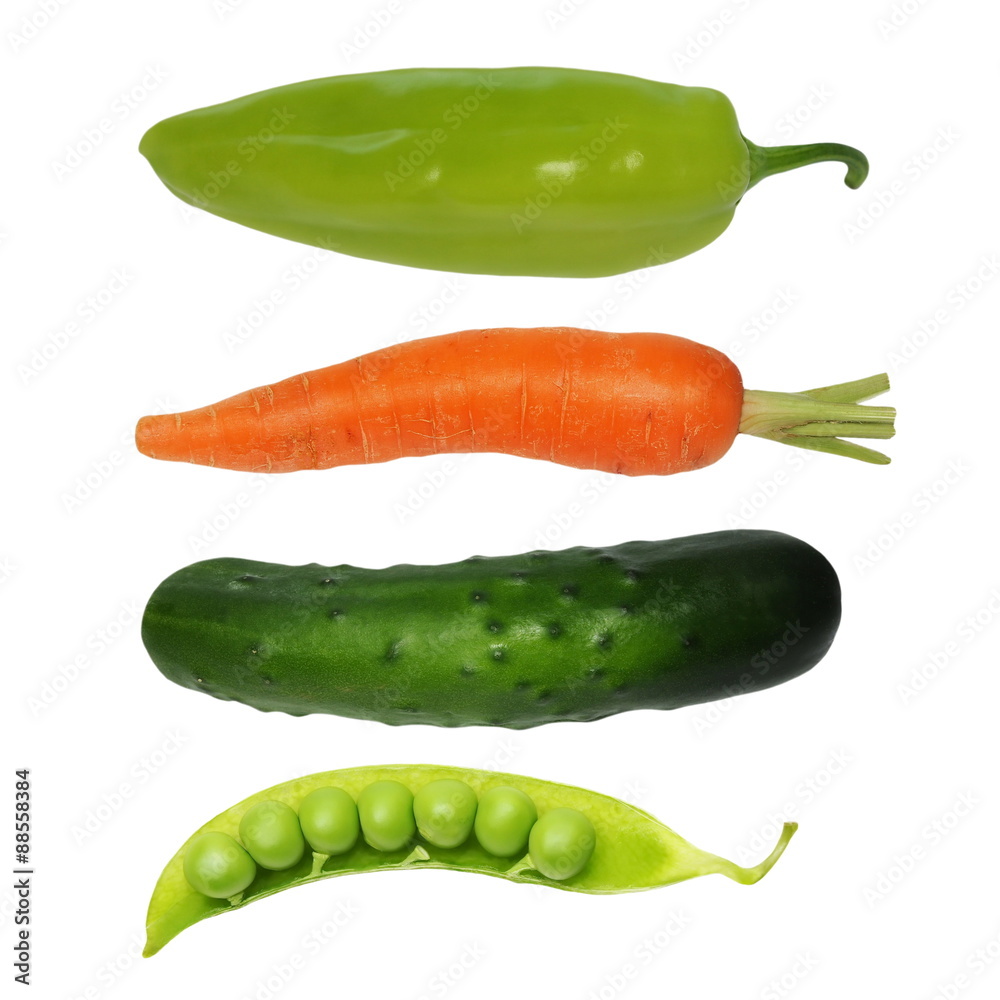 collection carrot, cucumber, peas, peppers isolated on white background, with clipping path collection carrot, cucumber, peas, peppers isolated on white background, with clipping path