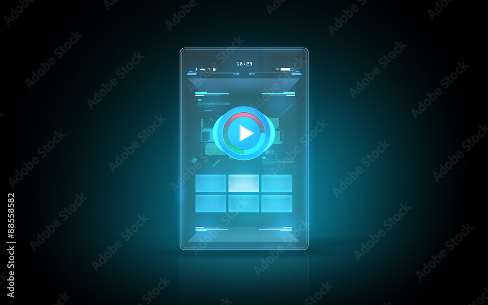 glowing virtual tablet with buttons on screen