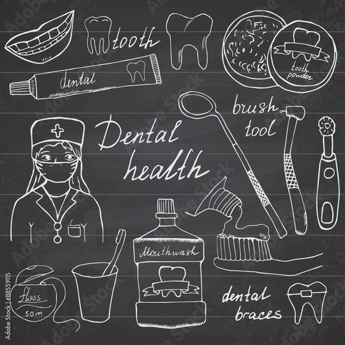 Dental health doodles icons set. Hand drawn sketch with teeth, toothpaste toothbrush dentist mouth wash and floss. vector illustration on chalkboard background