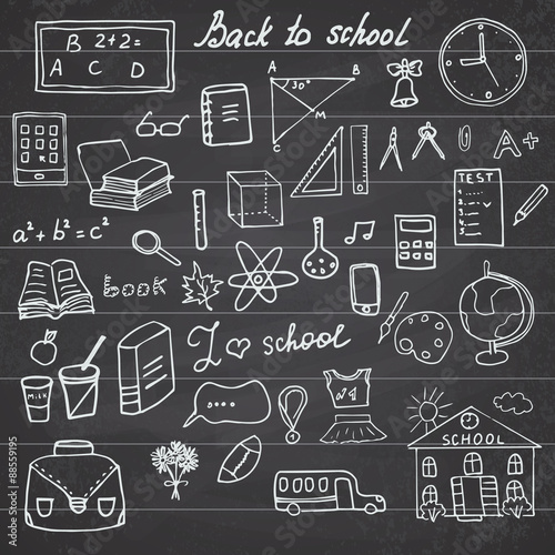 Back to School Supplies Sketchy Notebook Doodles set with Lettering, Hand-Drawn Vector Illustration Design Elements on Lined Sketchbook on chalkboard background