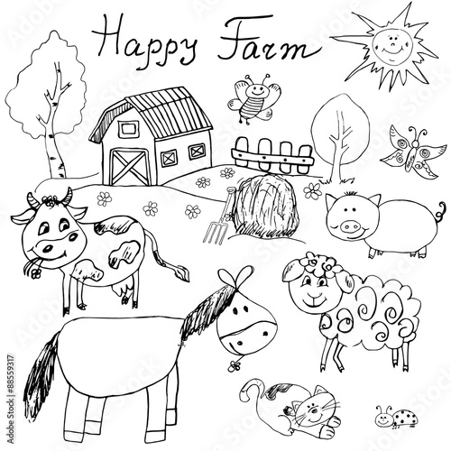 Happy farm doodles icons set. Hand drawn sketch with horse, cow, sheep pig and barn. childlike cartoony sketchy vector illustration isolated