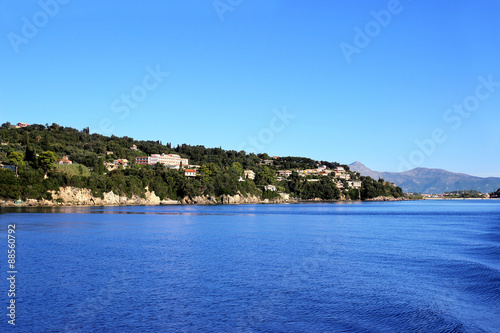 Sea view. Mountain view. Town view. Beautiful Ionian dark blue sea. Sky and sea. Beauty in nature. Corfu. Kerkyra. Greece island