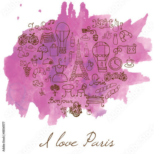 Paris doodles elements. Hand drawn set withefel tower bred cafe flowers and bicycle. Drawing doodle collection, on watercolor stain