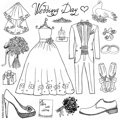 Wedding day elements. Hand drawn set with flowers candle bride dress and tuxedo suit, shoes, glasses for champaign and festive attributes. Drawing doodle collection, isolated on white background