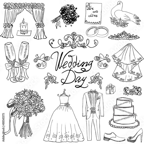Wedding day elements. Hand drawn set with flowers candle bride dress and tuxedo suit, shoes, glasses for champaign and festive attributes. Drawing doodle collection, on chalkboard background