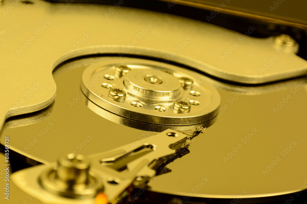 open computer hard disk drive (HDD) close up open computer hard disk drive (HDD) close up
