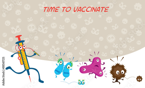 Syringe Run to Vaccinate Germ Characters, Bacteria, Virus, Microbe, Pathogen
