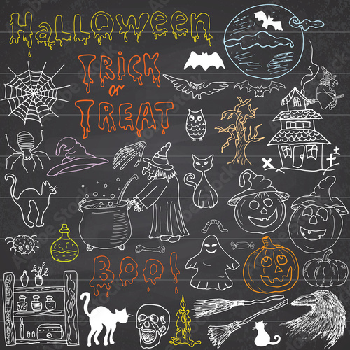 Sketch of halloween design elements with punpkin, witch, black cat, ghost, skull, bats, spiders with web. Doodles set with Lettering, Hand-Drawn Vector Illustration on chalkboard background