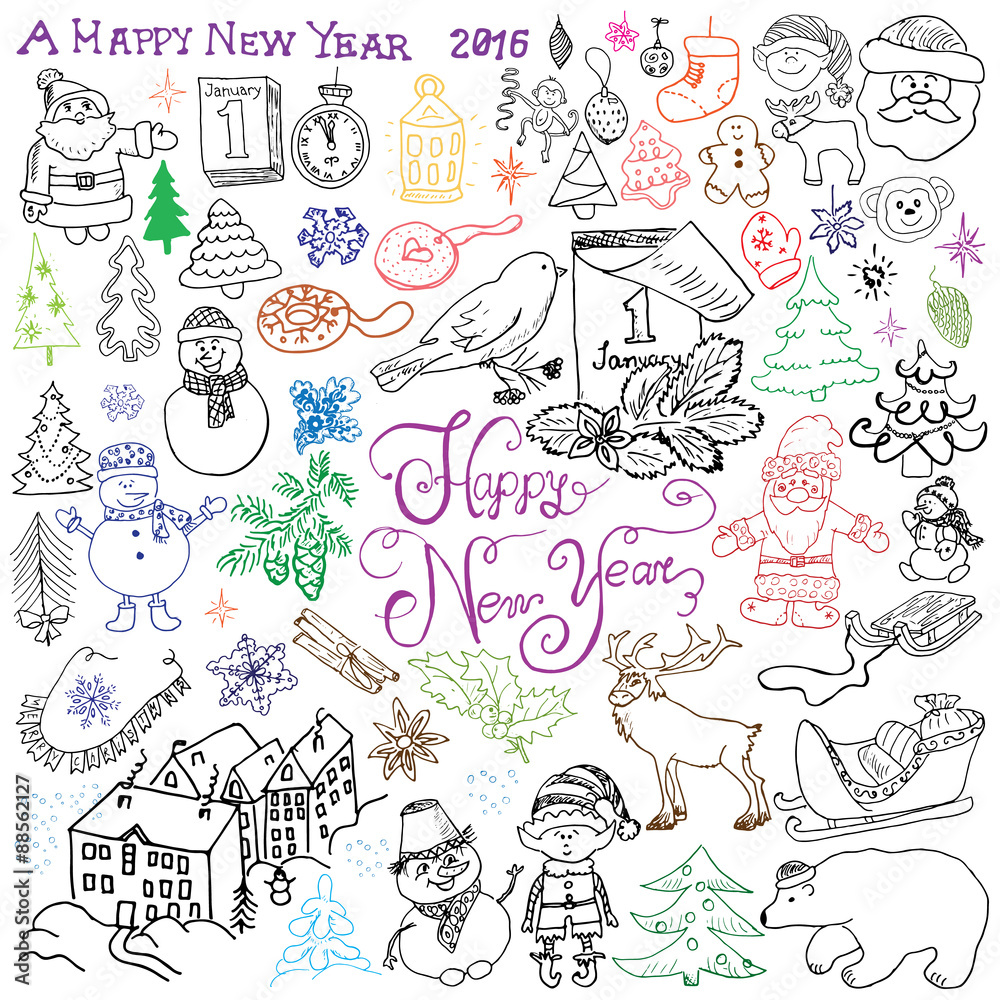 Hand drawn Sketch design of happy new year 2016 Doodles with Lettering set, with christmas trees snowflakes, snowman, elfs, deer, santa claus and festive elements,  Vector Illustration isolated