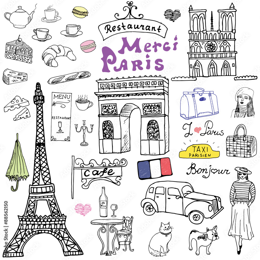 Obraz premium Paryż gryzmoły elementów. Ręcznie rysowane zestaw z kawiarnią wyhodowaną na wieży Eiffla, łukiem triumfowym taksówki, katedrą Notre Dame, elementami frakcji, kotem i buldogiem francuskim. Rysunek zbiory kolekcji, na białym tle
