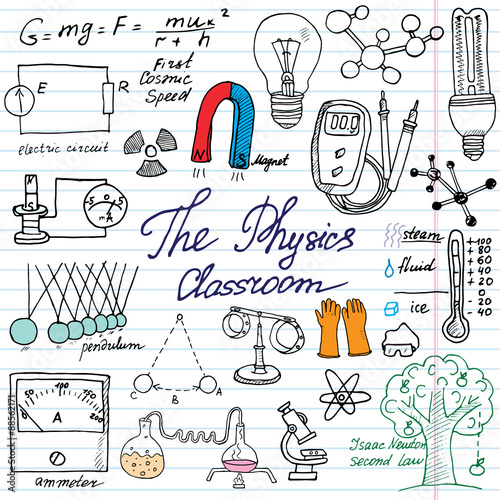 Physics and sciense elements doodles icons set. Hand drawn sketch with microscope, formulas, experiments equpment, analysis tools, magnet, pendulum, electricity,vector illustration