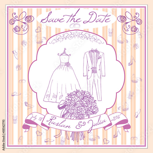 Save the datecard template with Hand drawn wedding elements. flowers bride dress and tuxedo suit, glasses for champaign and festive attributes. Drawing doodle collection