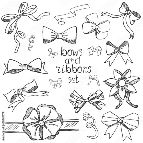 Hand drawn ribbons and bows set vector illustration. A collection of graphic ribbons and bows, design elements set isolated