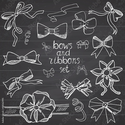 Hand drawn ribbons and bows set vector illustration. A collection of graphic ribbons and bows, design elements set on chalkboard.