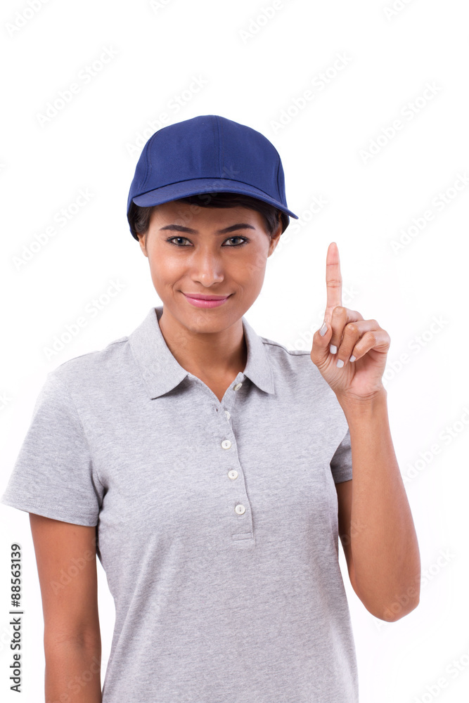 confident female worker showing one finger gesture confident female worker showing one finger gesture
