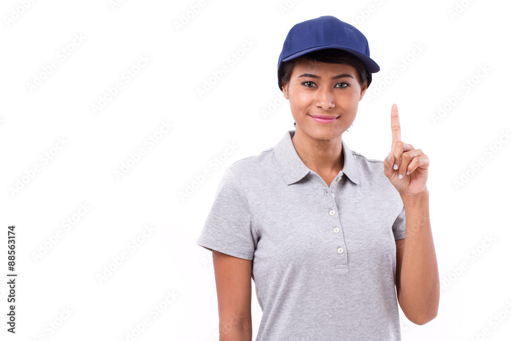 confident female worker showing one finger gesture confident female worker showing one finger gesture