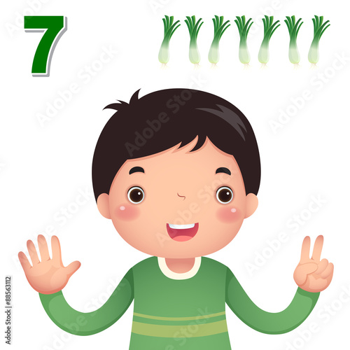 Kids learning material. Learn number and counting with kid’s hand showing the number seven