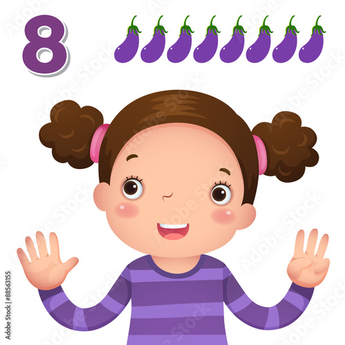 Kids learning material. Learn number and counting with kid’s hand showing the number eight