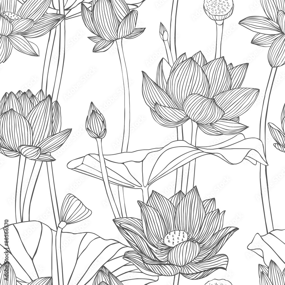 Linear seamless pattern - lotus flower. 