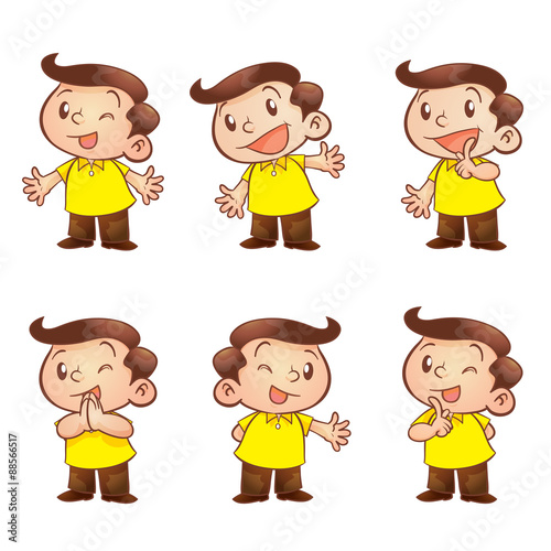 cute cartoon man presenting many actions look lovely