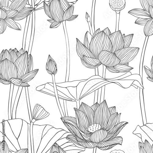 Linear seamless pattern - lotus flower. 