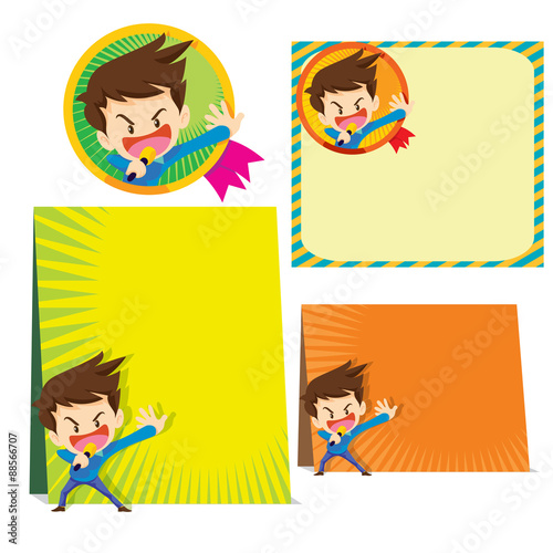 cute Man cartoon present pointing with background