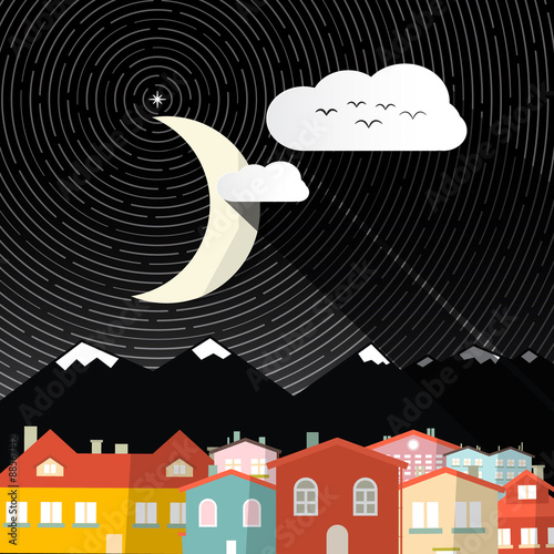 Night Landscape with Moon - Mountains and Houses