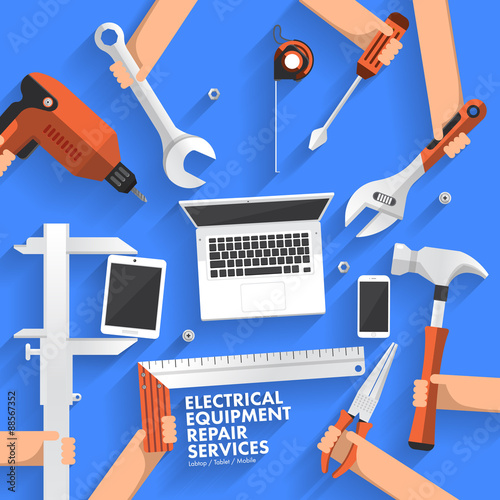 Flat design concept repair computer, mobile, tablet services. Vector illustrate
