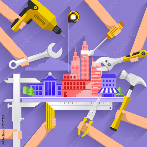 Flat design concept construction building tower with tools. Vector illustrate.