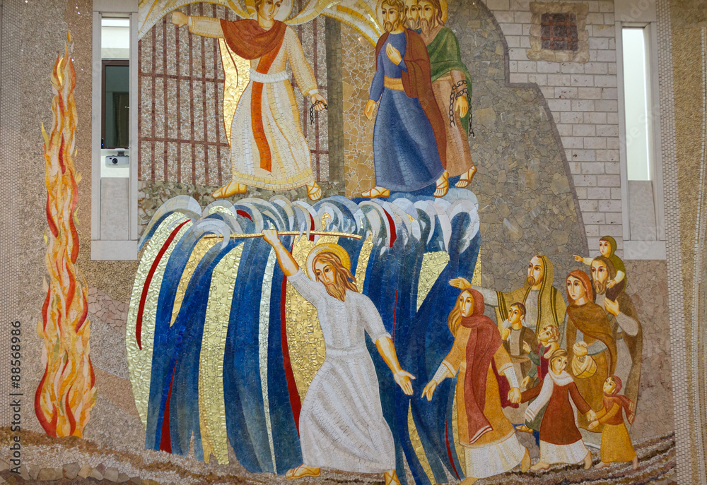 Fototapeta premium Cracow , Lagiewniki - The centre of Pope John Paul II. Mosaics on the church wall with biblical scenes