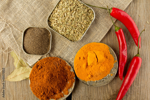 Chili powder, black papper, turmeric, fennel photo