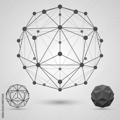 Monochrome carcass of connected lines and dots. Small triambic icosahedron geometric element.