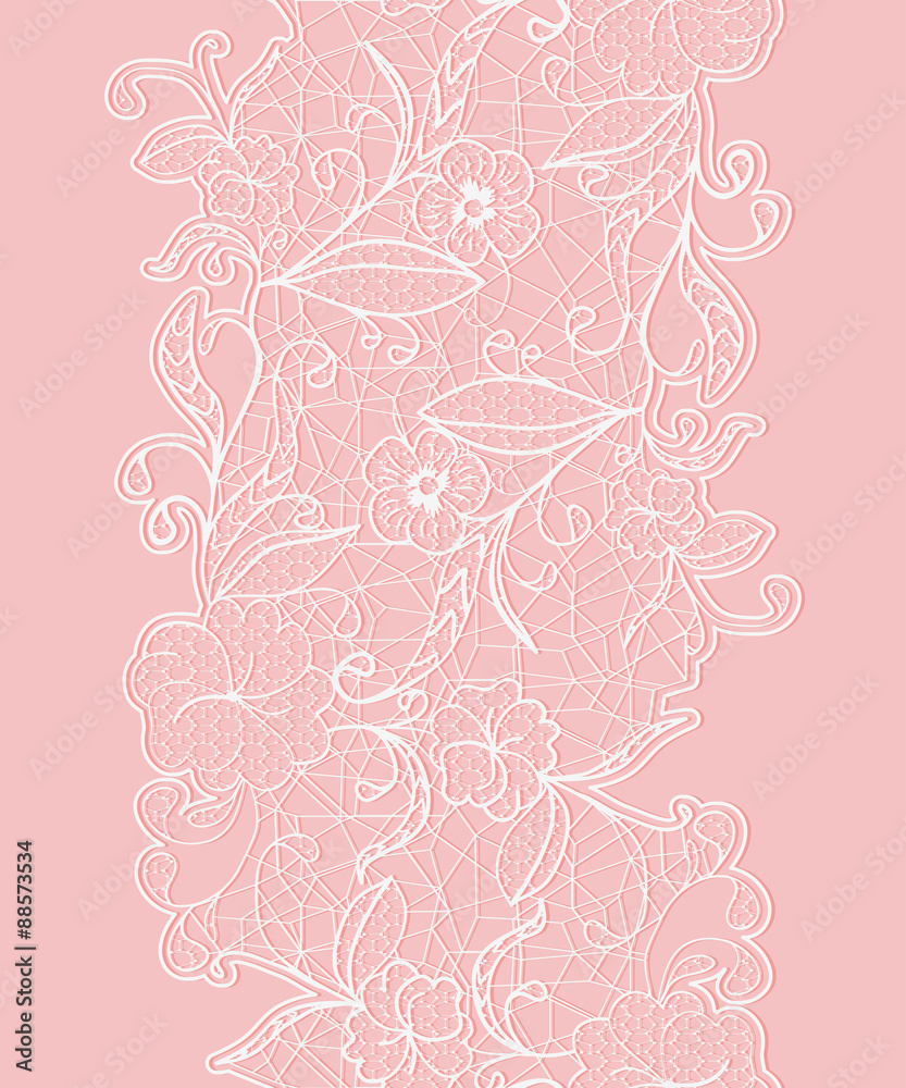 Seamless vertical lace ribbon. White flowers on a pink background.