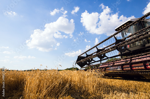 Photo of combine harvester that is harvesting wheat photo