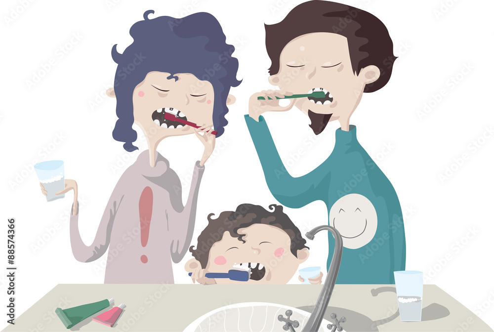 Family brushing teeth, vector illustration, isolated. Family brushing teeth, vector illustration, isolated.
