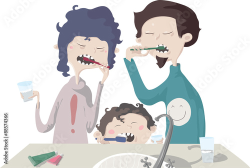 Family brushing teeth, vector illustration, isolated.